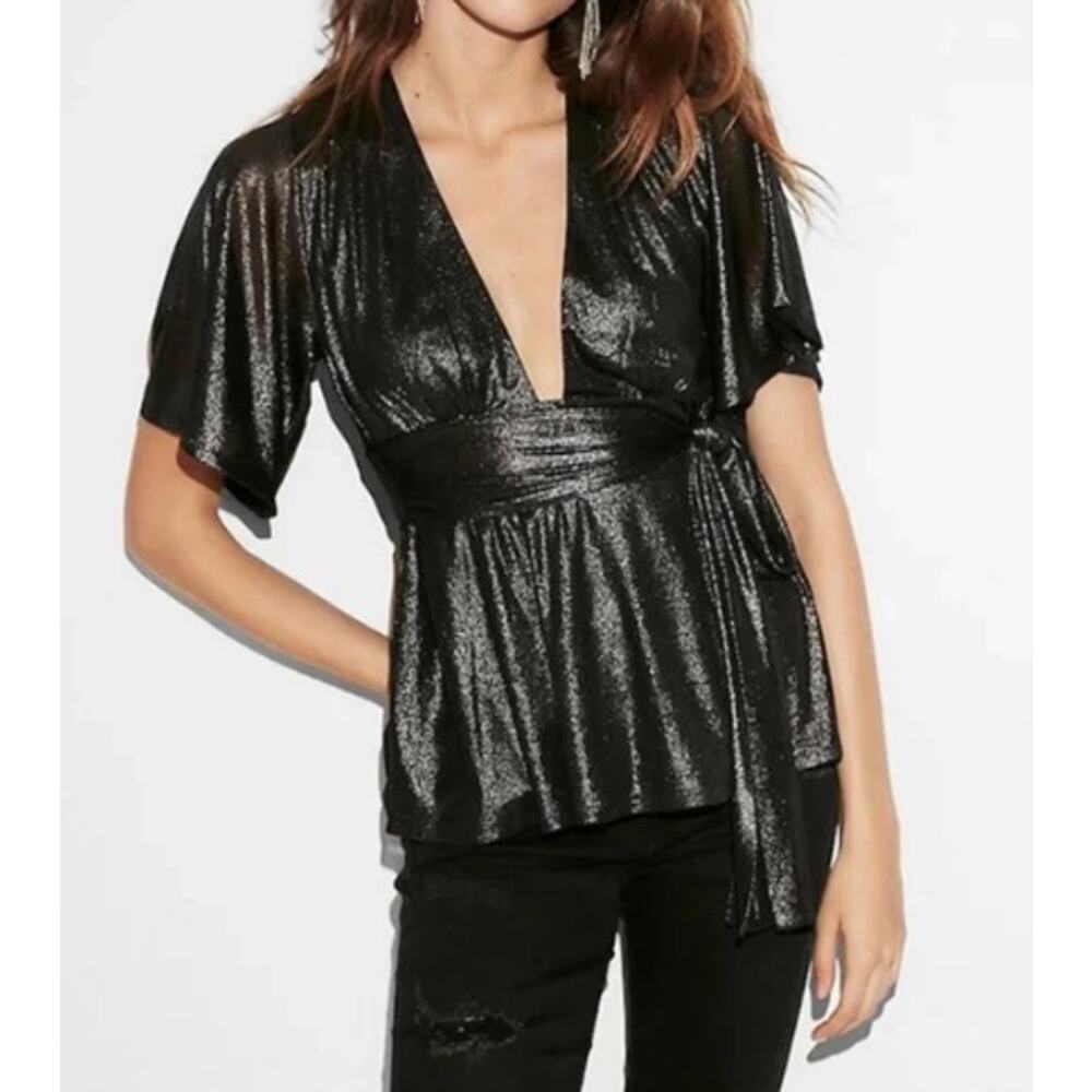 Express Womens Metallic‎ Babydoll Top Sz S Grunge Festival Rock Concert Tie Belt